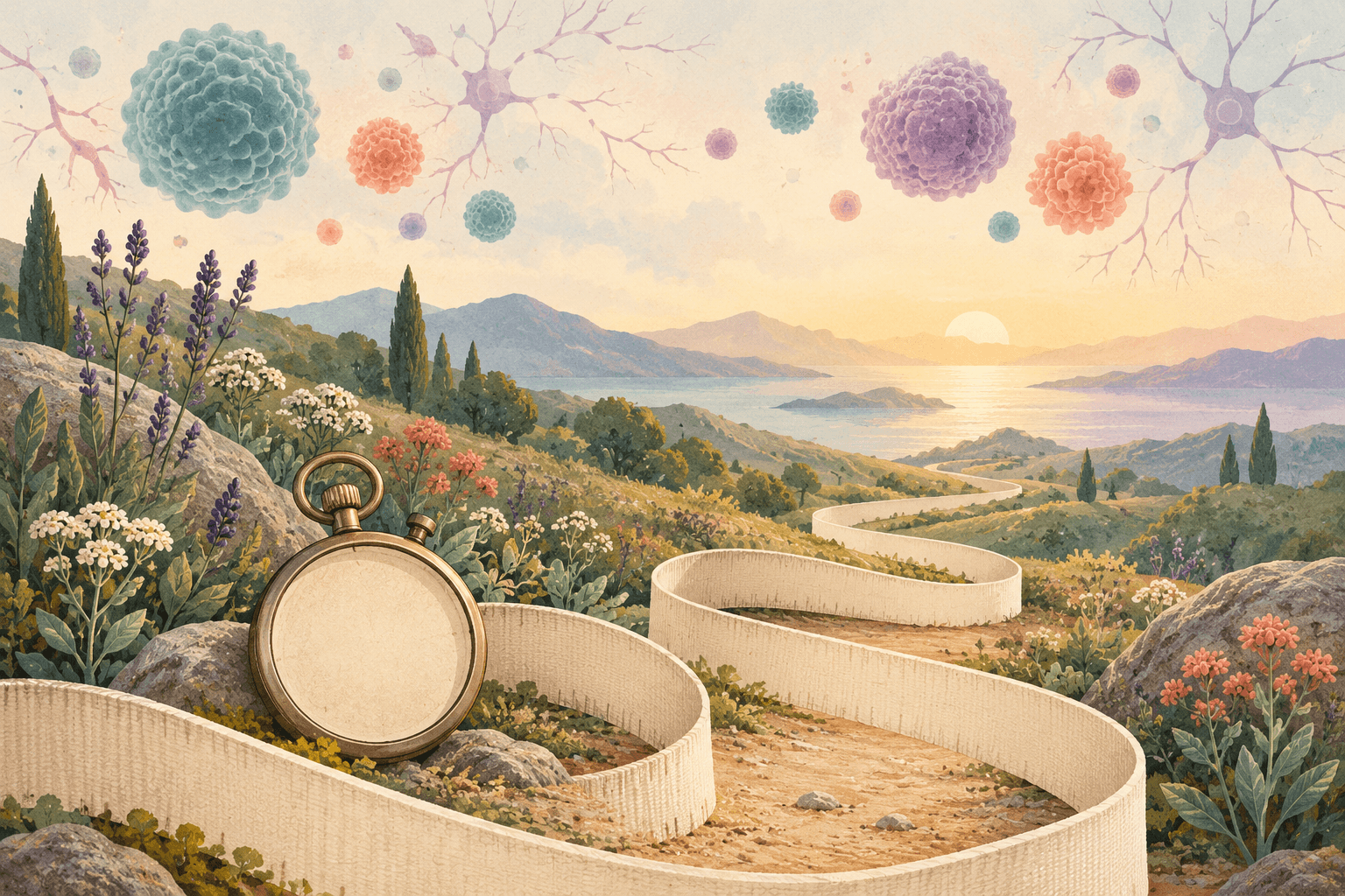 An unmarked measuring tape curling into a garden path beside a blank-faced stopwatch, under a soft sky of rounded cell shapes and branching neuron-like forms.