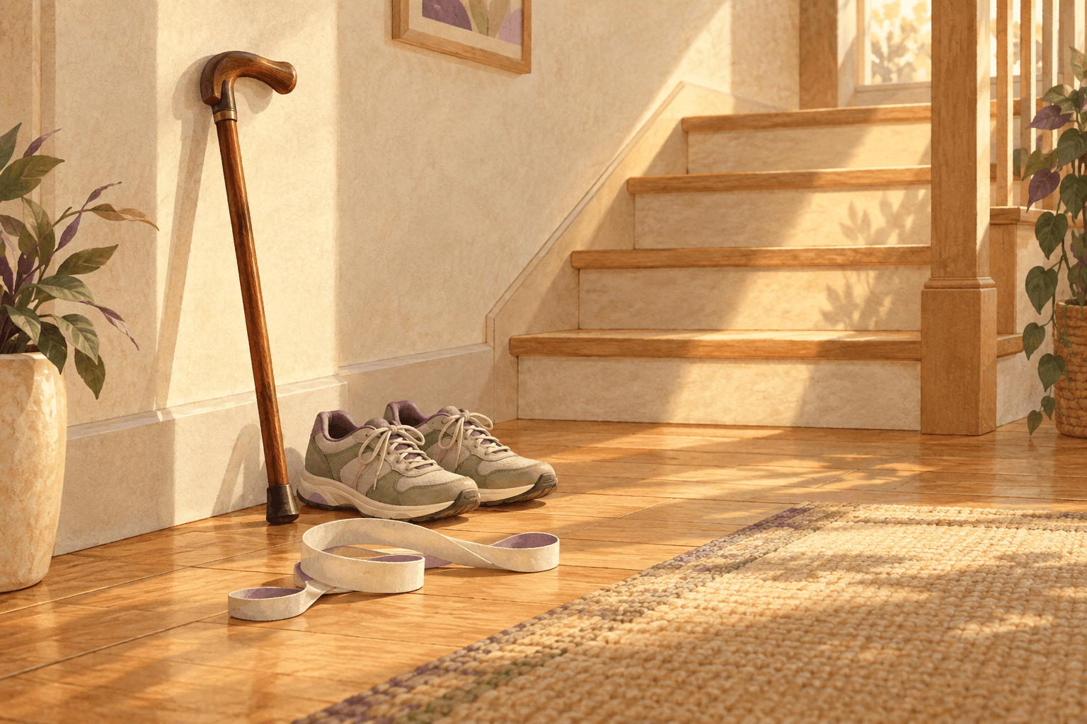 An unmarked measuring tape coiled beside walking shoes and a cane at the foot of a sunlit wooden staircase.
