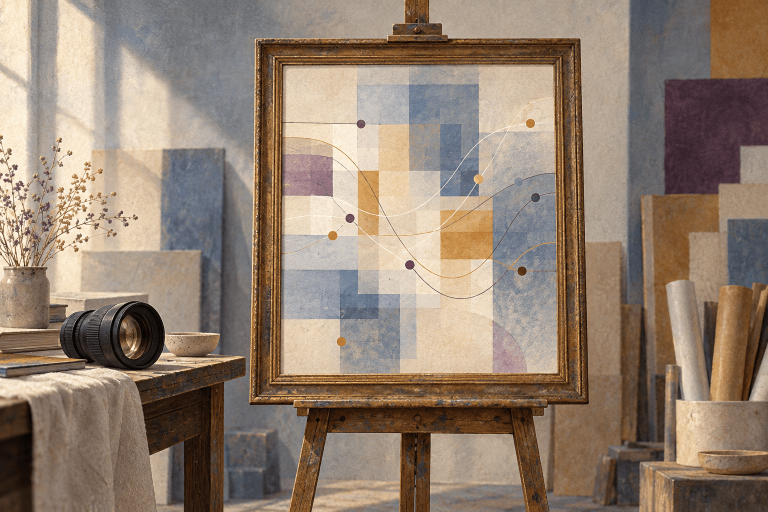 An empty portrait frame on an easel filled with a mosaic of abstract tiles and flowing lines, beside a camera lens in a quiet studio.