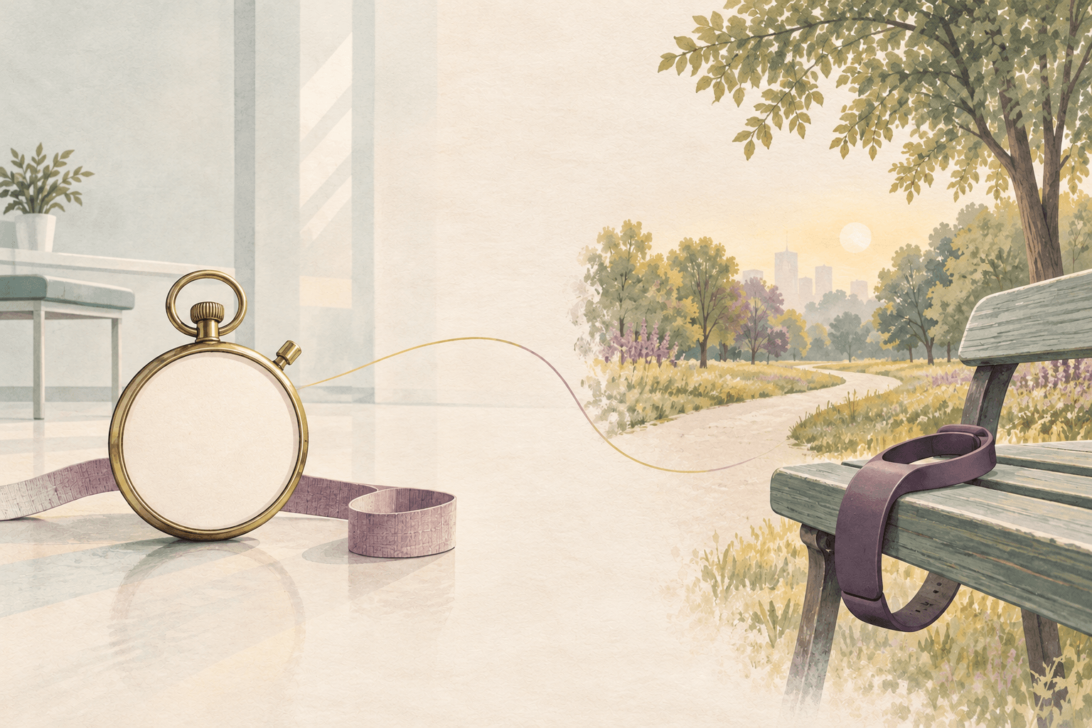 A blank-faced stopwatch beside a short strip of floor tape on one side, and a fitness wristband on a park bench by a winding path on the other.