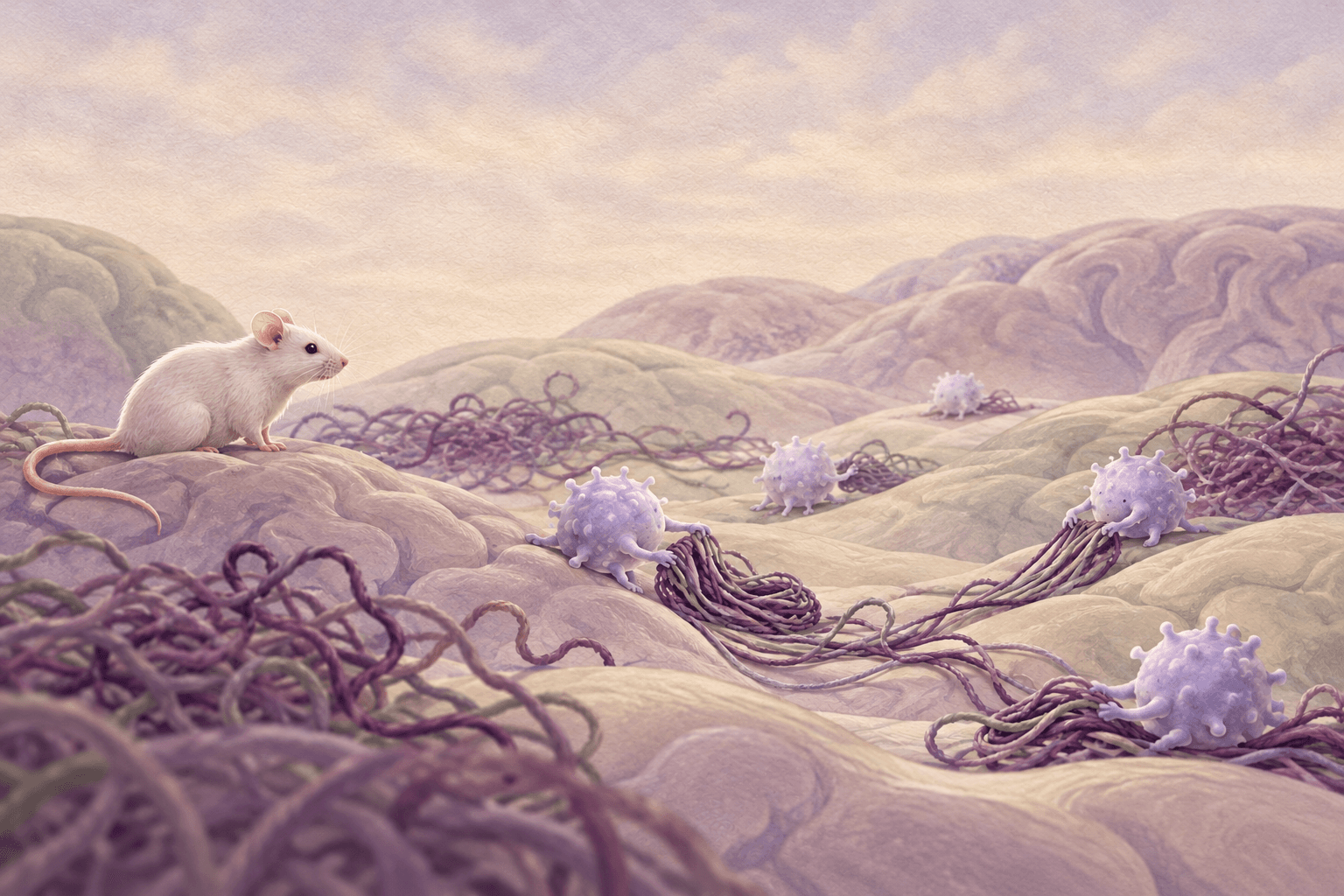 Rounded immune cells gathering some tangled threads across a soft abstract brain landscape, with other tangles left in place and a small lab mouse at the edge.