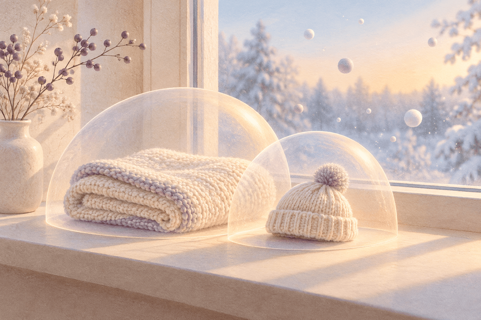 A knitted baby blanket and wool hat on a winter windowsill, sheltered under two overlapping translucent domes while faint particles drift outside the glass.