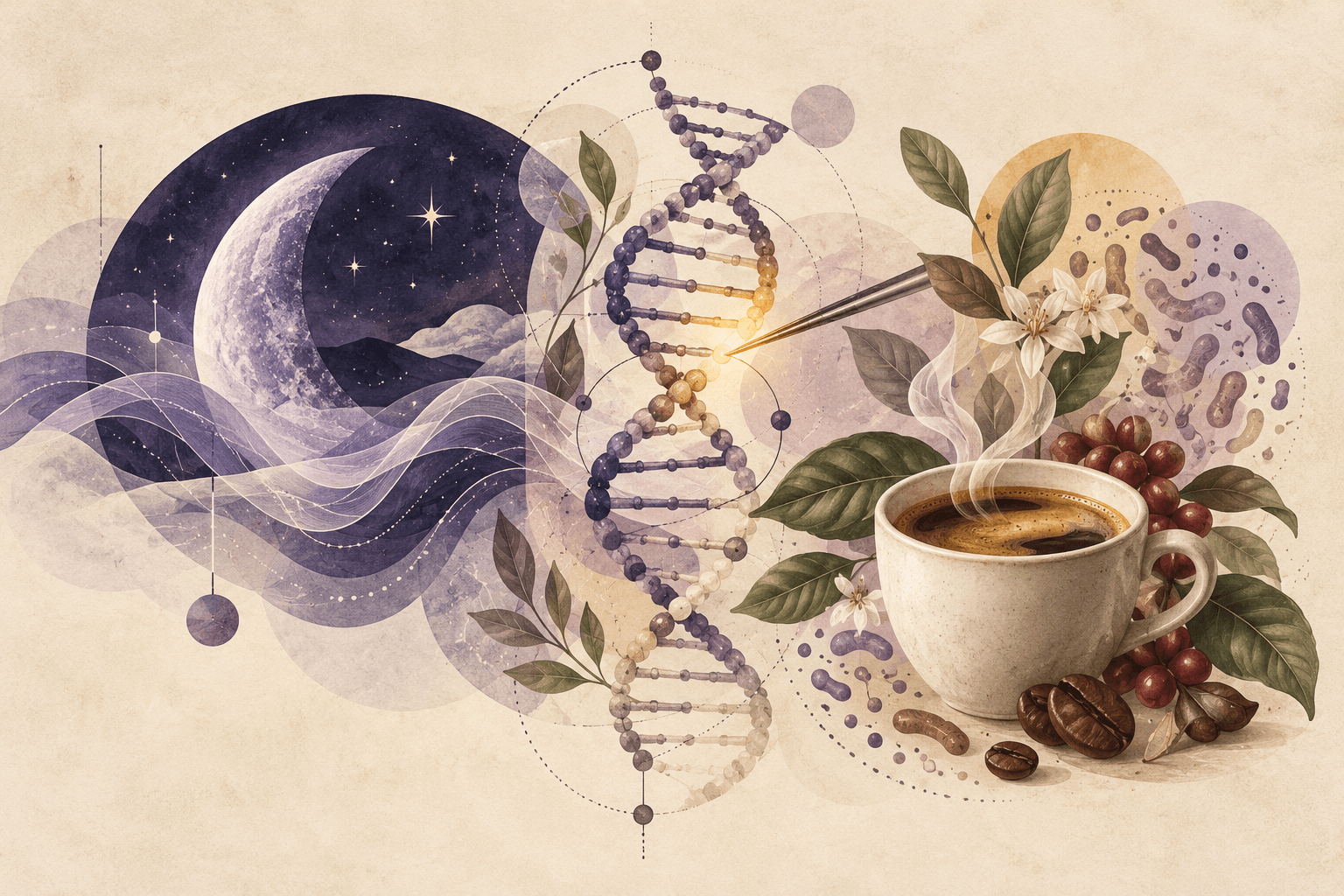 Redaktionelle Illustration eines Mondes über Schlafwellen, eines präzise bearbeiteten DNA-Strangs und einer von Blättern und mikrobiellen Formen umgebenen Kaffeetasse.