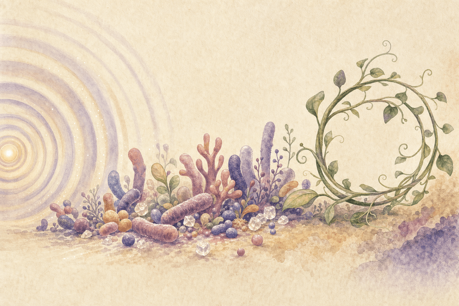 Ondas sonoras que se expanden desde un pequeño punto luminoso, un jardín de microbios de formas redondeadas con algunos cristales de azúcar y una enredadera que se enrosca en un anillo cada vez más amplio.