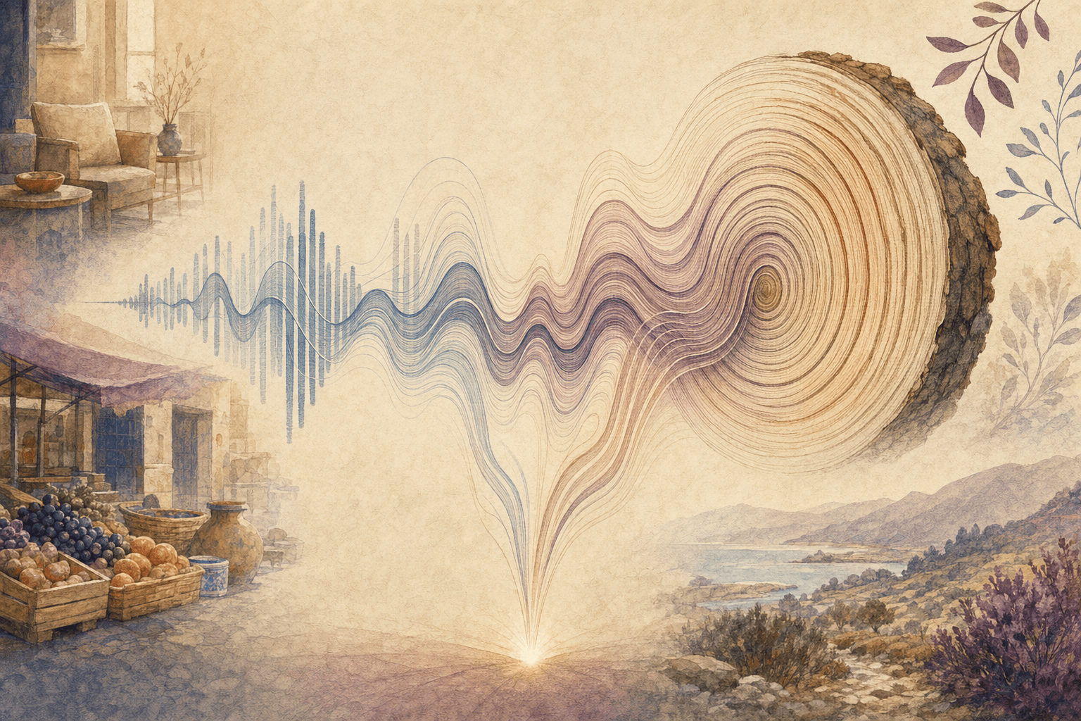 Ondas sonoras que suben desde un pequeño punto de luz y se convierten en los anillos de un tronco, con tenues escenas de casas y paisajes en los bordes.