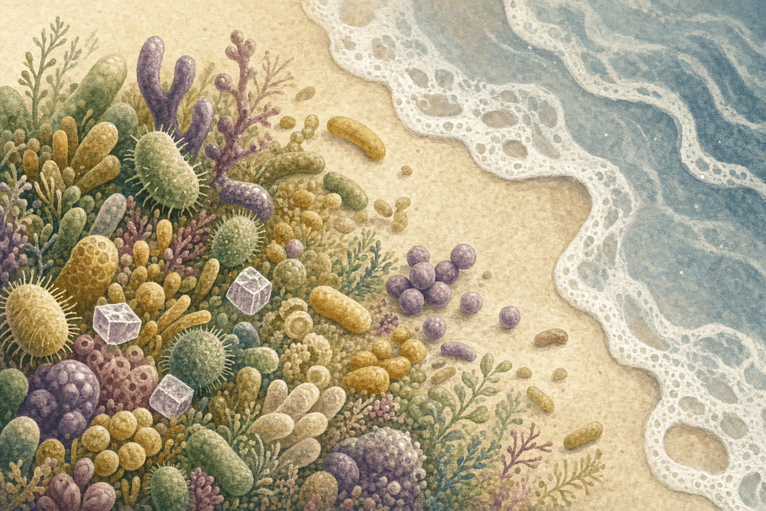 Un jardín de microbios de formas redondeadas, en parte arrastrado por una marea suave, con algunos cristales de azúcar y un grupo que se extiende por el espacio vacío.