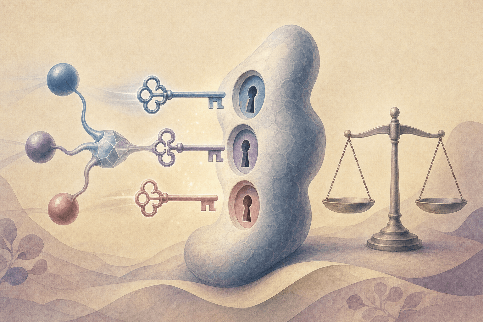 Tres llaves distintas que se acercan a tres cerraduras correspondientes en una forma abstracta redondeada, junto a una balanza sencilla en equilibrio.