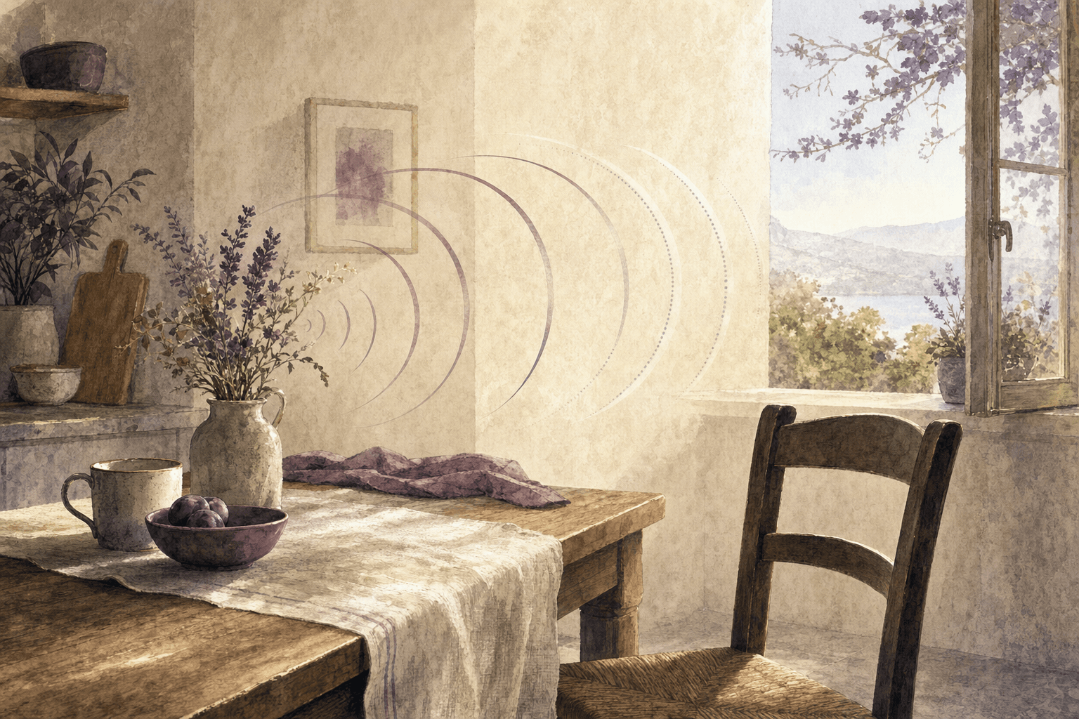 Una mesa de cocina con luz de mañana y una silla vacía, hacia la que cruzan la habitación suaves arcos de sonido, unos nítidos y otros que se desvanecen.