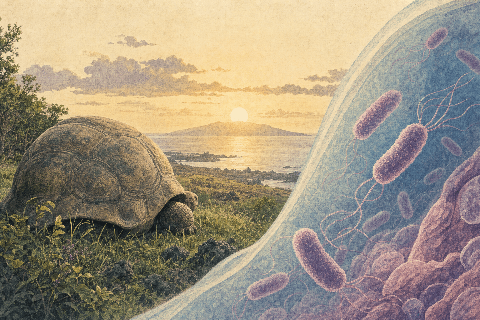Illustration mit dem Panzer einer Riesenschildkröte, einem tief stehenden winterlichen Sonnenaufgang und schwimmenden stäbchenförmigen Bakterien in gedämpftem Grün, Ocker und Blau.