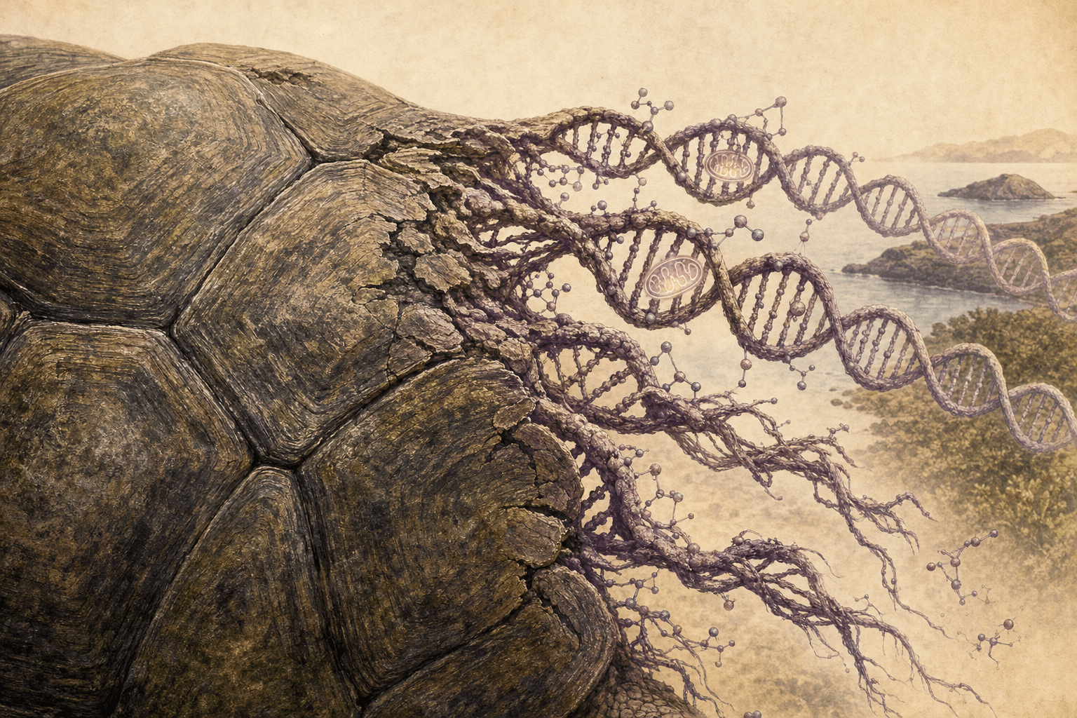 Ein Schildkrötenpanzer, dessen Platten in DNA-Stränge übergehen, manche geordnet, manche ausgefranst, mit kleinen leuchtenden, energieerzeugenden Formen darin.