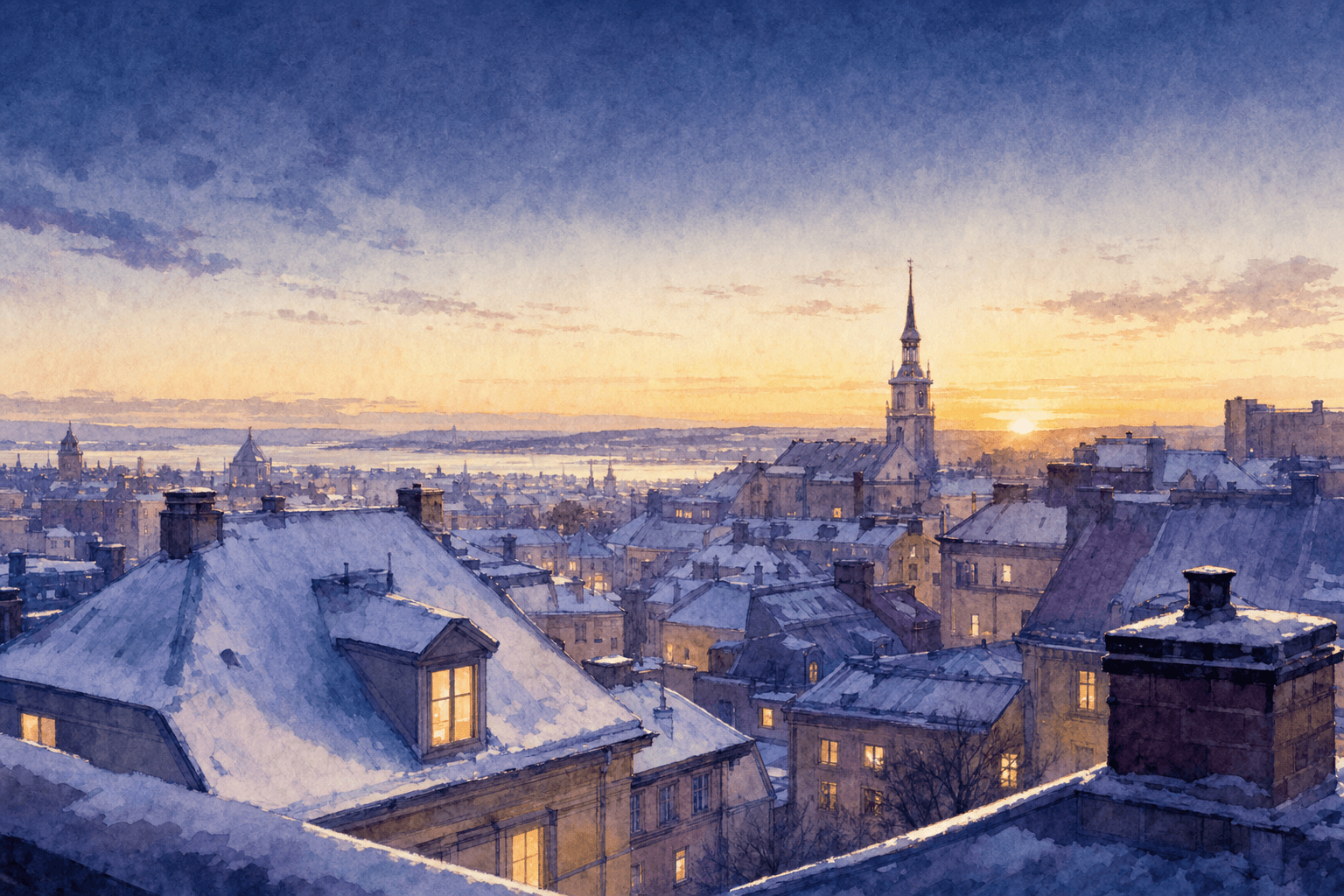 Verschneite Dächer einer Stadt unter tiefblauem Winterhimmel, mit einem schmalen bernsteinfarbenen Lichtstreifen am Horizont kurz vor Sonnenaufgang.