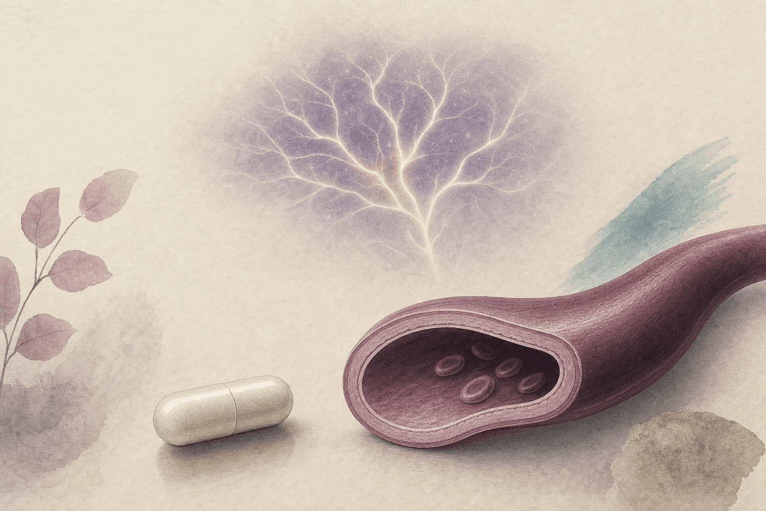 Eine Kapsel neben einer unveränderten, glatten Arterie, darüber ein schwaches, verzweigtes Leuchten, das unsichere Veränderungen der Hirndurchblutung andeutet.