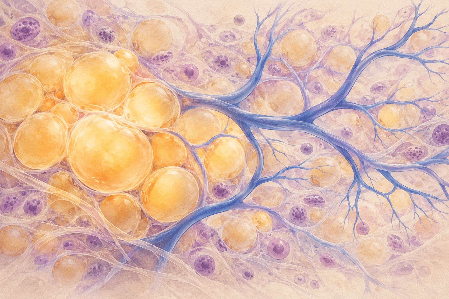 Warm bernsteinfarbene Fettzellen gehen in ein verzweigtes Netz blauer Gefäße über, vor einem weich strukturierten Hintergrund aus Fasern und kleinen Zellen.