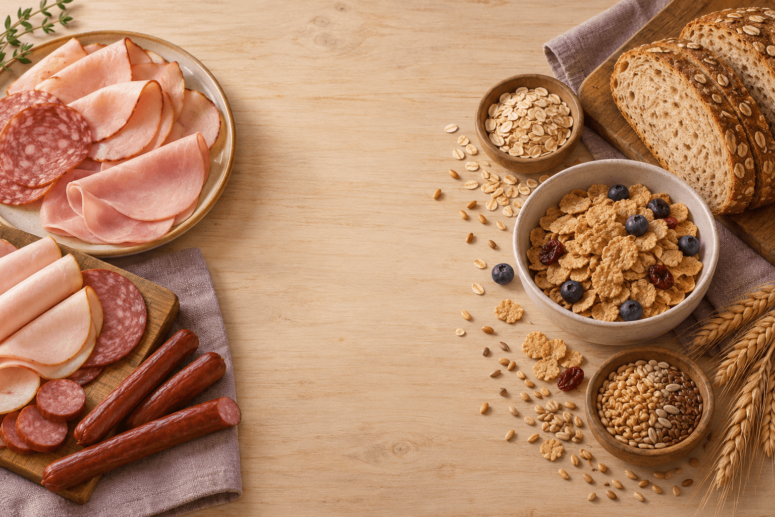 Lebensmittel aus der Vogelperspektive auf einem Holztisch: verarbeitete Fleischwaren auf einer Seite, Brot, Frühstückscerealien und Getreide auf der anderen.